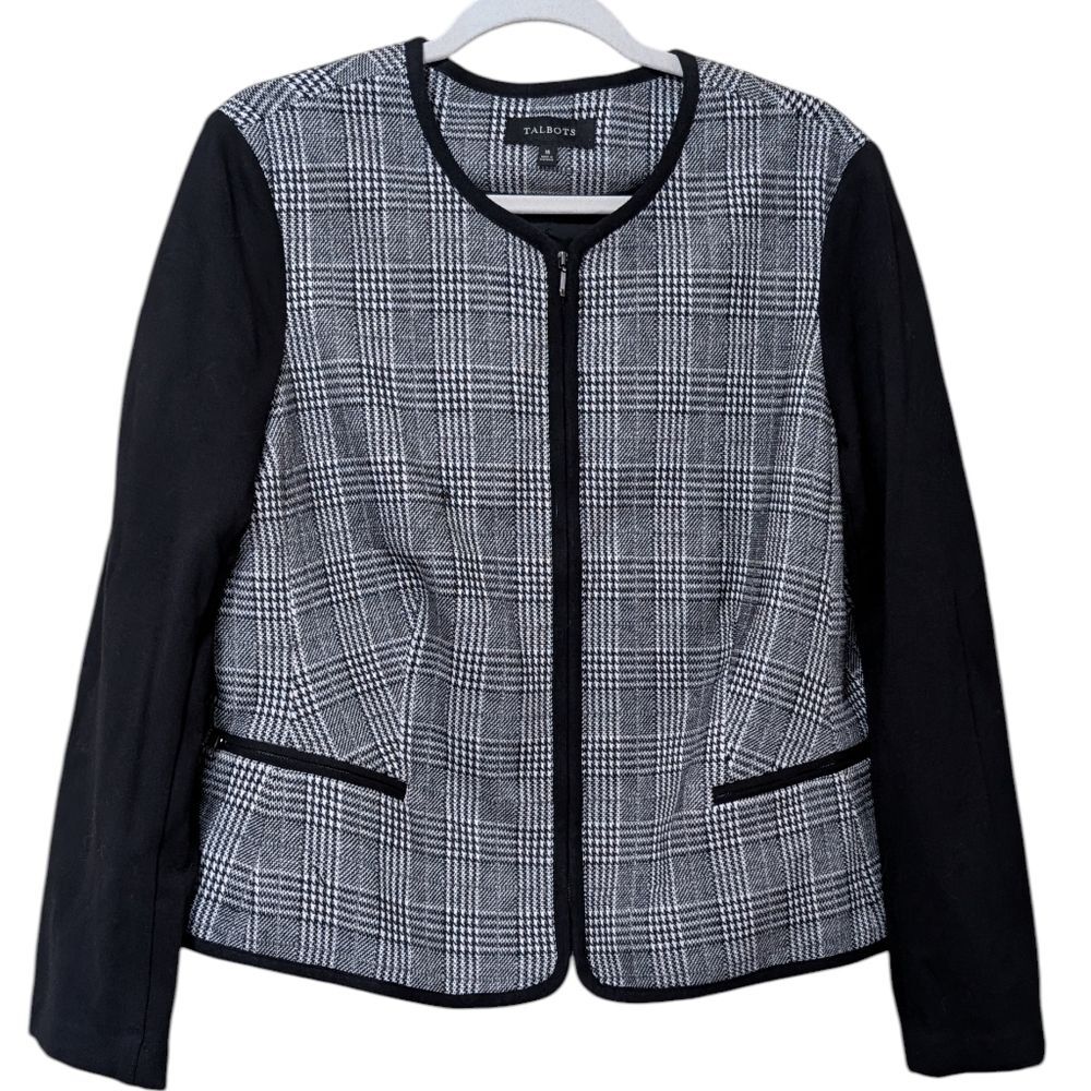 Talbots Black and White houndstooth Plaid Zip Front Knit Jacket size 16